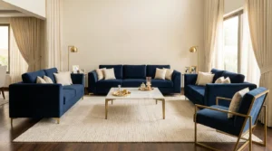 Grand seven-seater navy velvet sofa set arranged around a marble coffee table