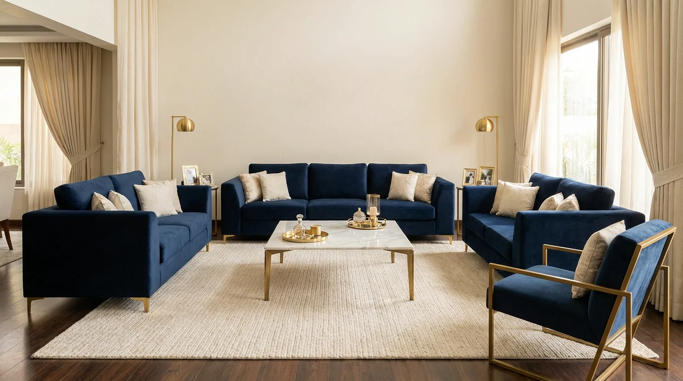 Grand seven-seater navy velvet sofa set arranged around a marble coffee table