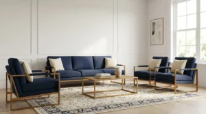 Affordable yet stylish five-seater fabric sofa set in a bright living room
