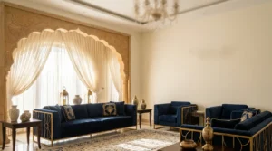 Elegant navy and gold sofa set in a refined Lahore living room