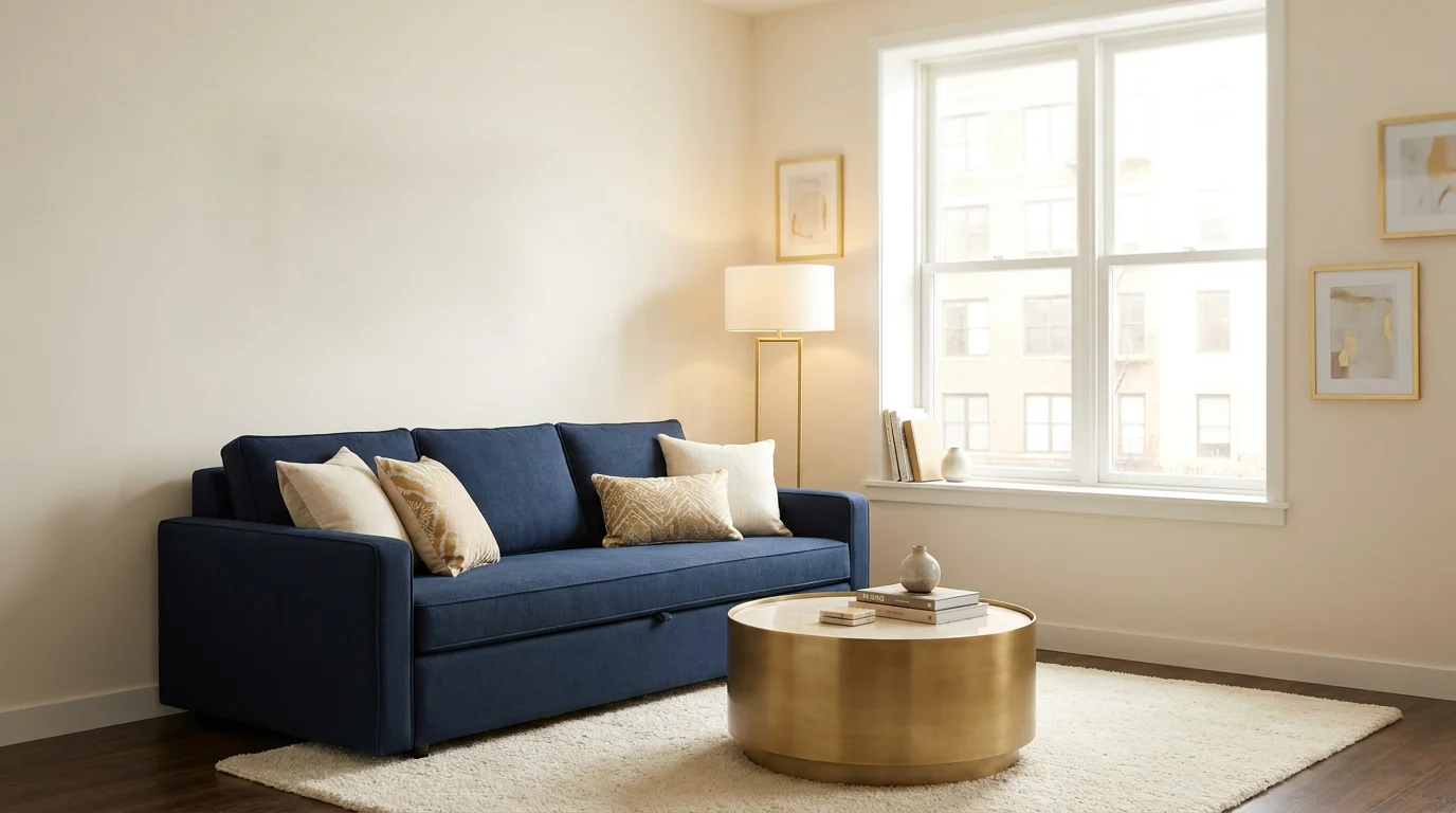 Convertible navy sofa-cum-bed in a stylish compact modern apartment