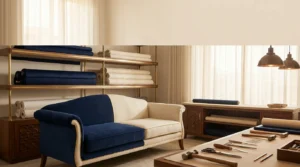 Sofa reupholstery in progress with rolls of premium fabric and tools