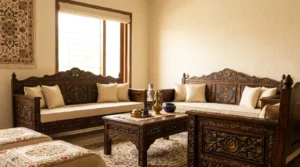 Handcrafted Chinioti sheesham wooden sofa set with cream cushions