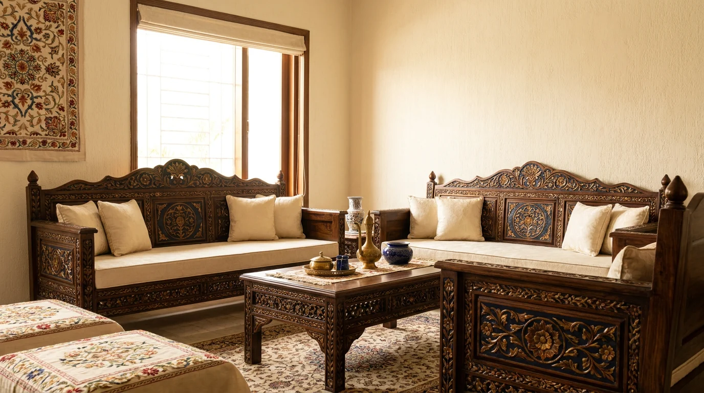Handcrafted Chinioti sheesham wooden sofa set with cream cushions