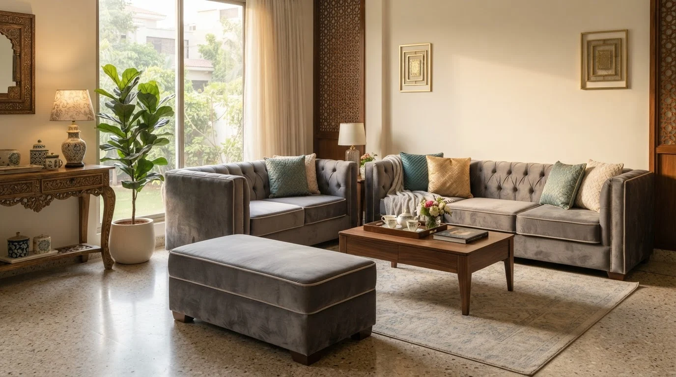 Sunlit living room with grey velvet tufted sofas, an ottoman, a wooden coffee table, and an indoor plant.