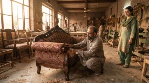 An artisan carves a Victorian wooden couch in a workshop offering the best sofa set price in Lahore.