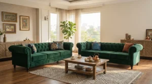 Two tufted dark green velvet sofas face a wooden coffee table in a brightly lit modern living room.