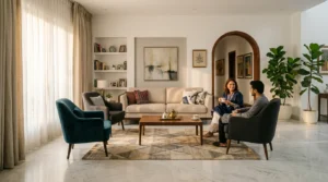 A stylishly arranged modern drawing room sofa set in an airy, sunlit Pakistani home with guests enjoying tea.
