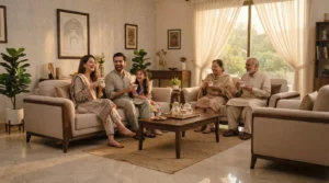 A family relaxing on an elegant Turkish sofa set inside a sunlit living room, featuring sofa set price in Multan style.