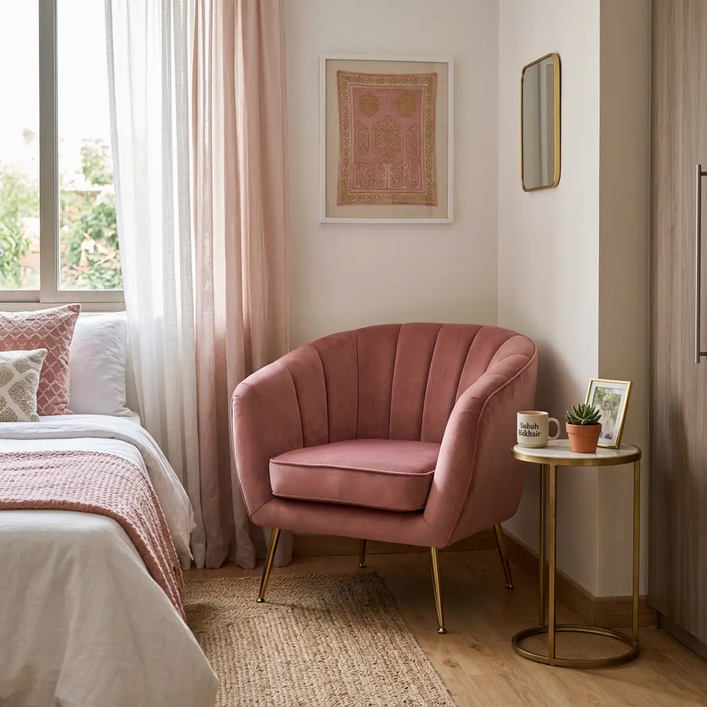 Elegant dusty pink accent sofa chair with gold legs - Single seater sofa chair price in Pakistan