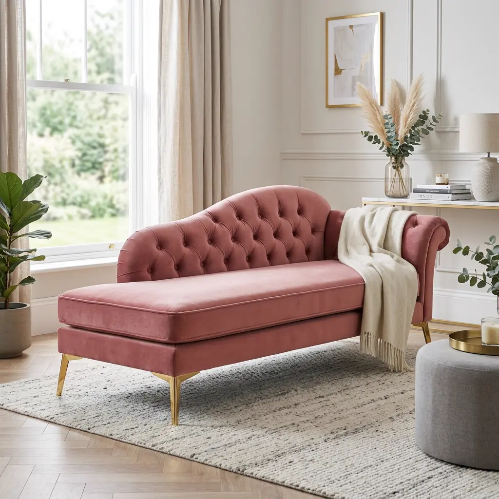 Elegant dusty rose velvet chaise lounge with tufted back and gold legs - Chaise lounge sofa price in Pakistan