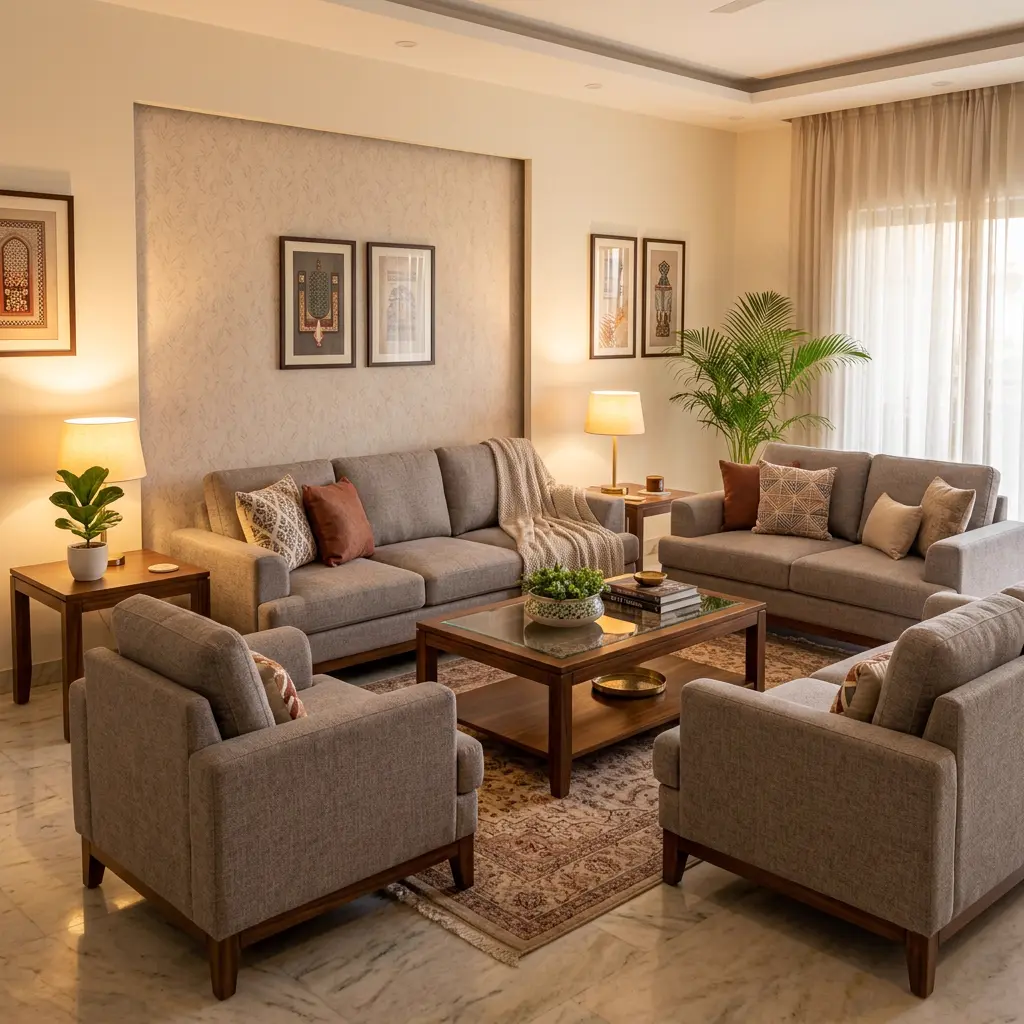 Complete living room sofa package with 7-seater sofa set, center table and side tables - Best sofa combo deal in Pakistan