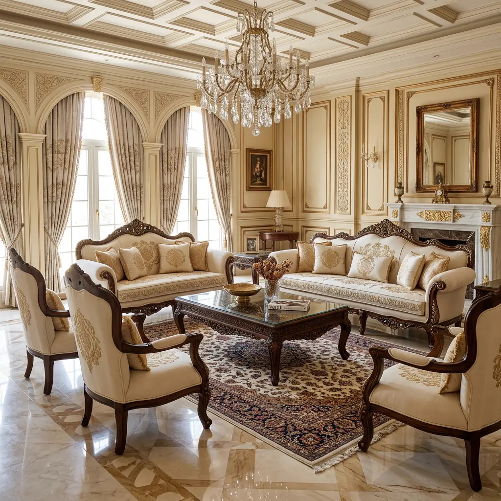 Luxury lounge bundle with Turkish 7-seater sofa, carved center table and Persian rug - Premium sofa package Pakistan