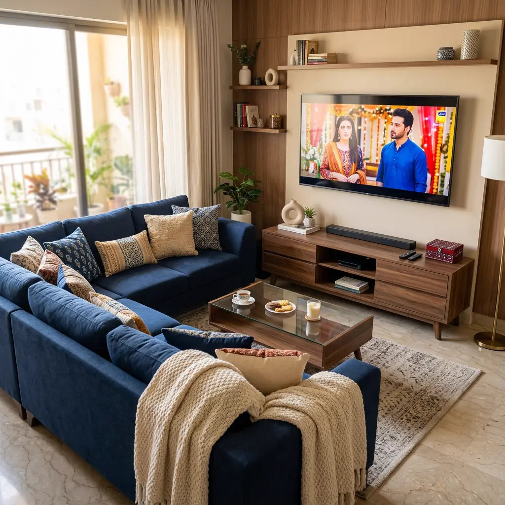 TV lounge package with L-shape sofa, TV console and decorative cushions - Sofa package deal for TV lounge