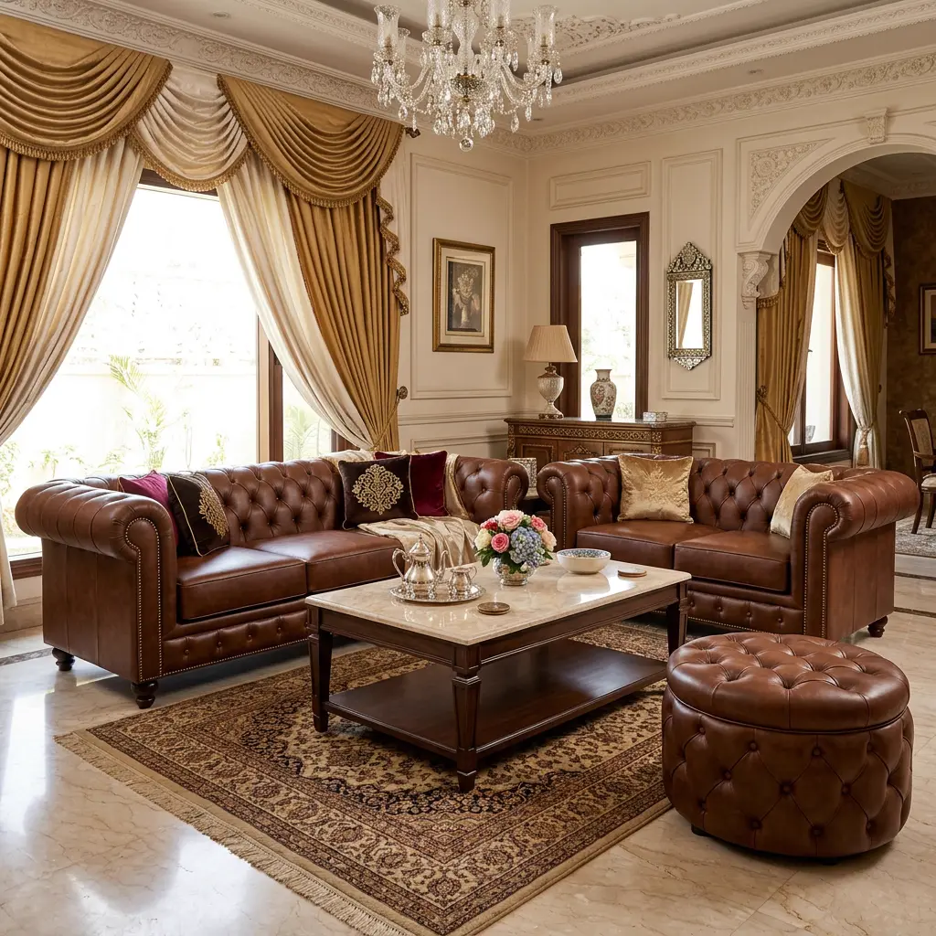 Premium Pakistani wedding sofa package with ornate carved golden sofa set and center table - Shaadi furniture package