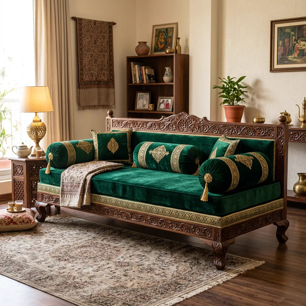 Traditional Pakistani Dewan Diwan sofa in emerald green velvet - Dewan sofa price in Pakistan