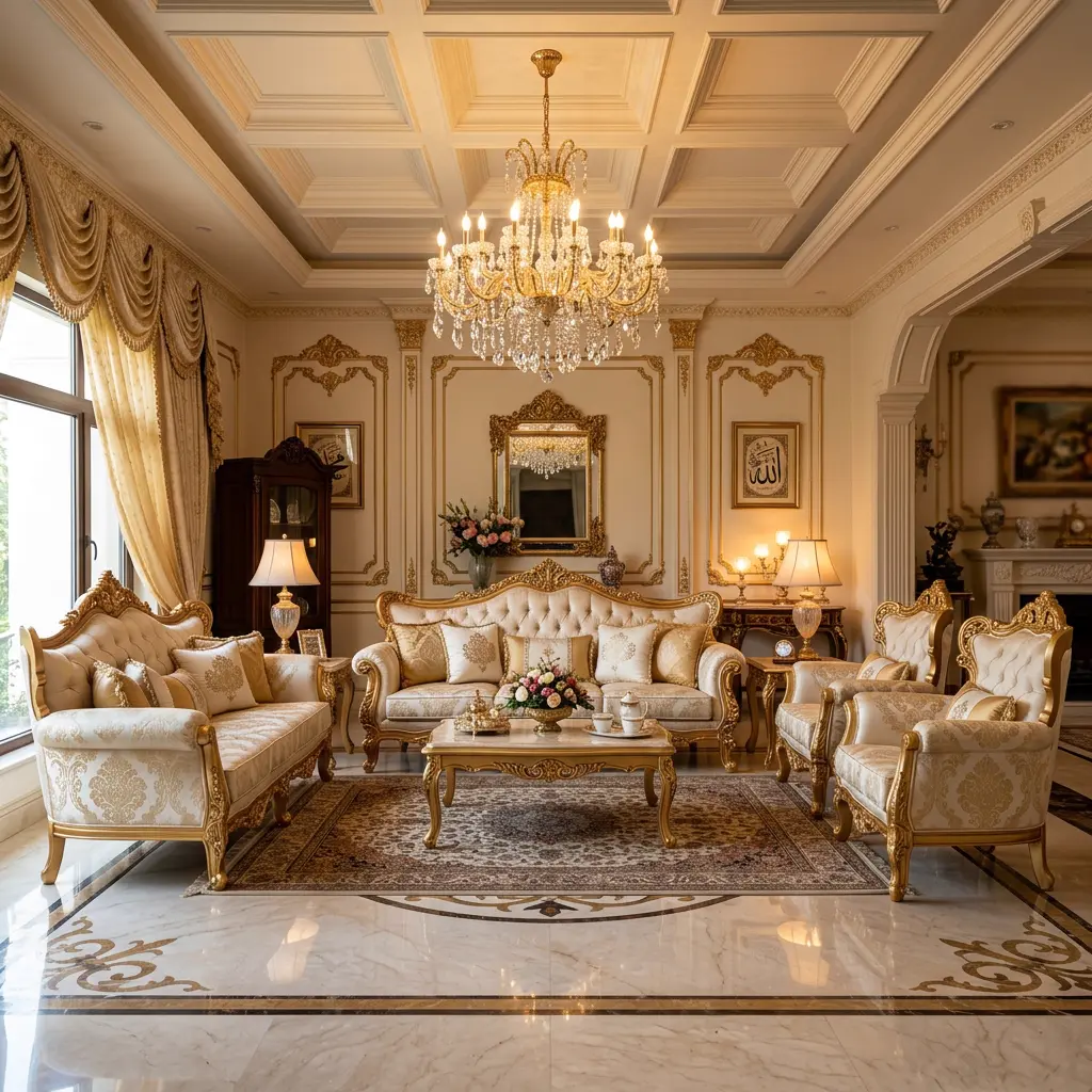 Complete 7 seater drawing room sofa set in cream and gold - Drawing room sofa set price in Pakistan