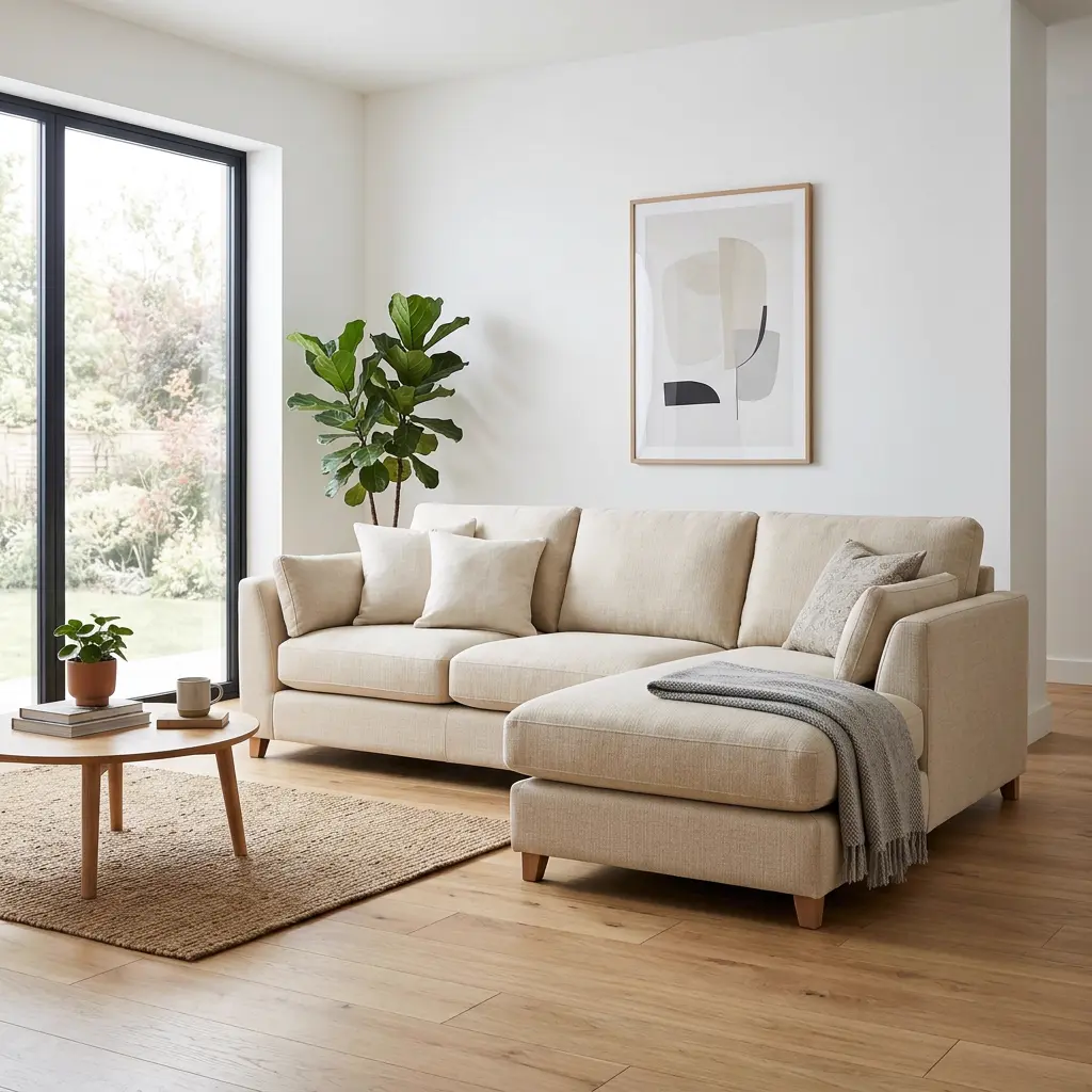 Modern L shape sofa design in cream fabric for living room - L shape sofa price in Pakistan