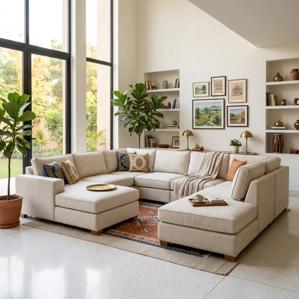 Modern modular sectional sofa in beige fabric - U-shape configurable sofa design for spacious living rooms