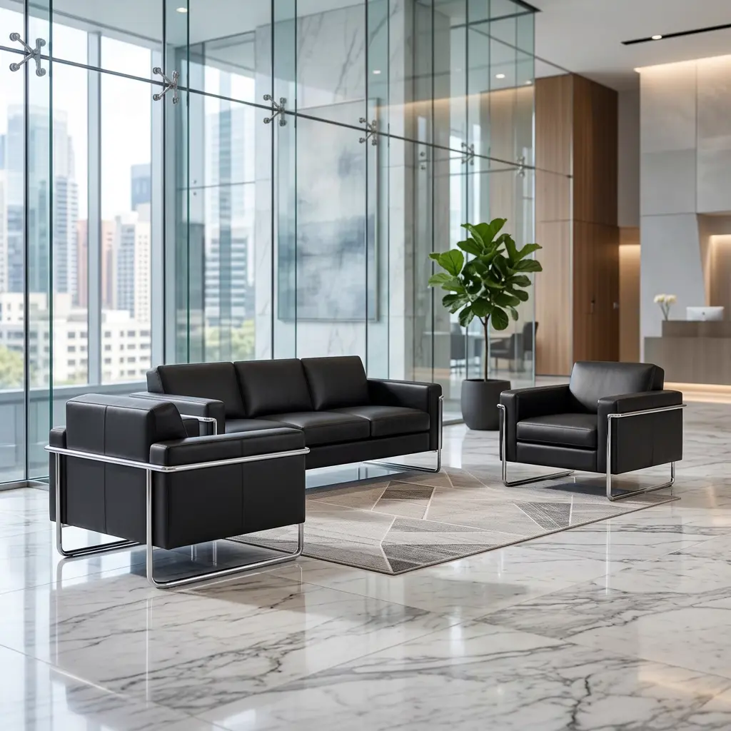 Modern black leather office reception sofa with chrome legs - Office sofa price in Pakistan for corporate spaces