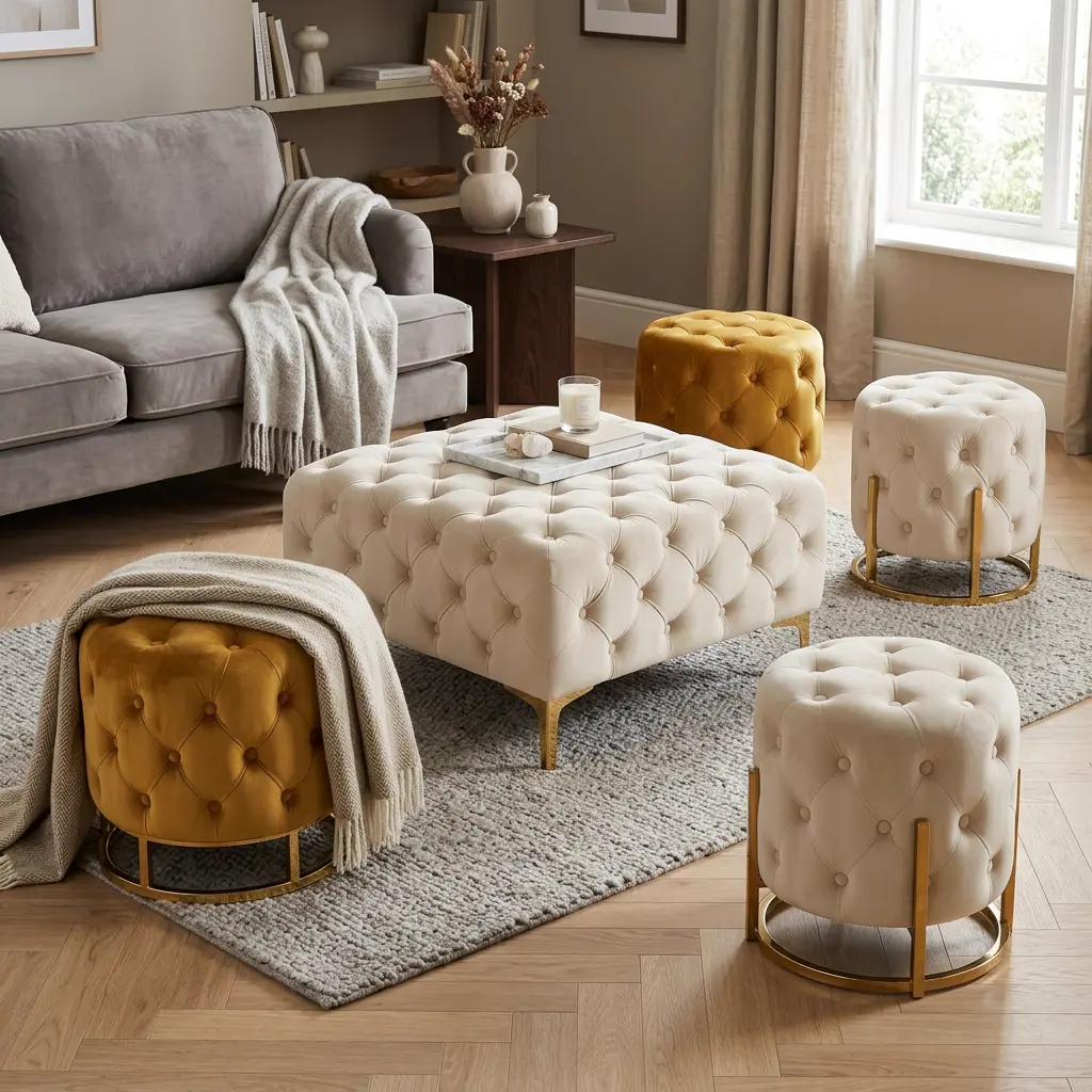 Luxury velvet ottomans and poufs set in gold and cream with tufted buttons - Ottoman pouf price in Pakistan