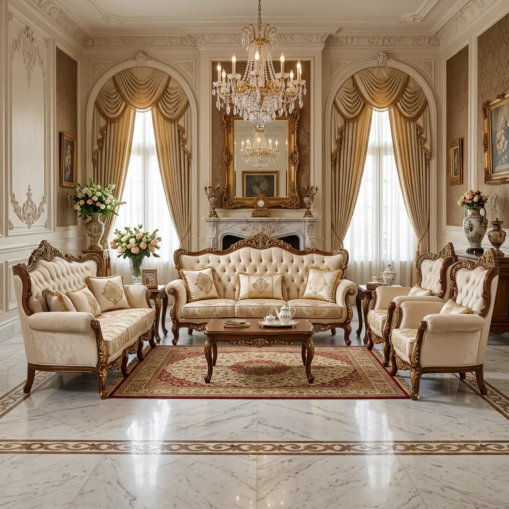 Ornate Turkish style sofa set in gold and cream upholstery - Turkish sofa design for luxury drawing rooms