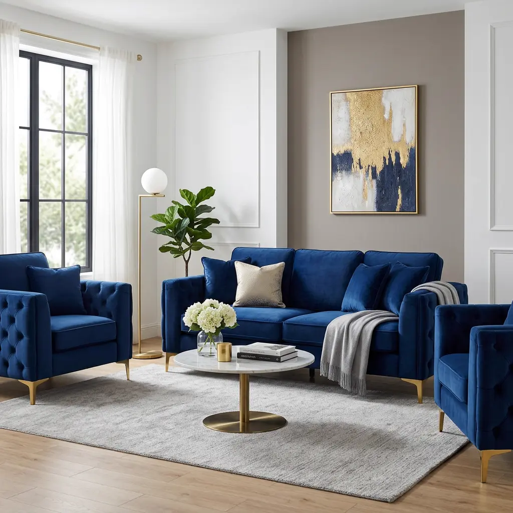Luxury velvet sofa set design in royal navy blue with gold legs - Velvet sofa set design for modern living room