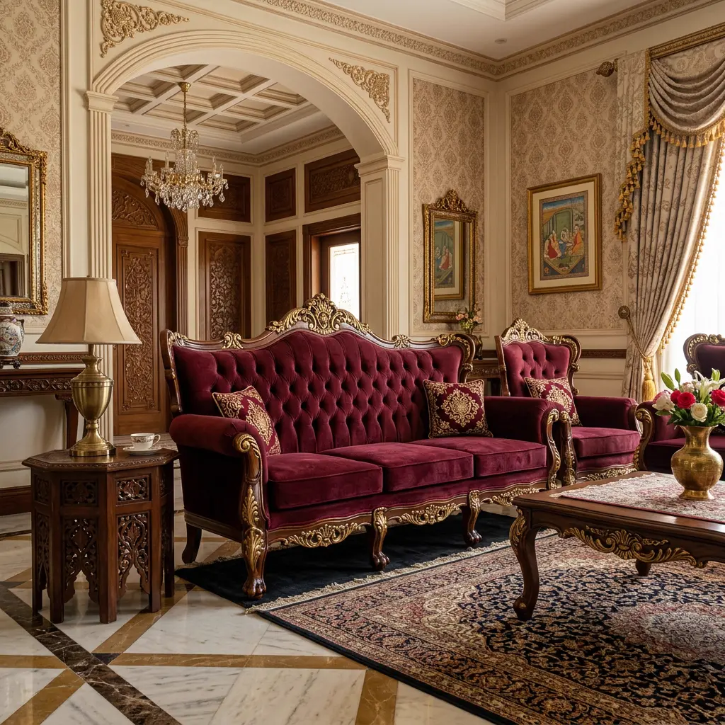 Victorian style carved wooden sofa in burgundy velvet - Classic sofa design with gold leaf carving
