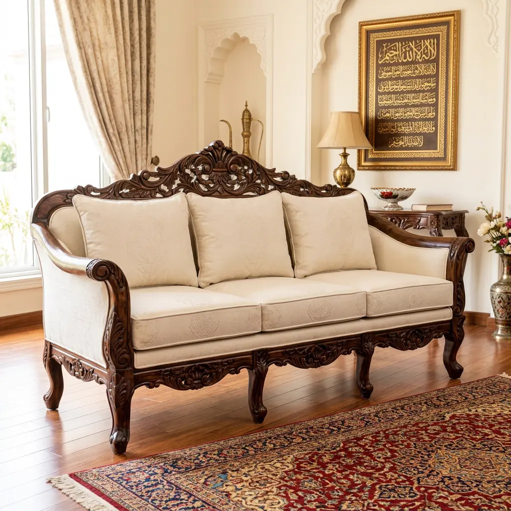 Pakistani Chinyoti style wooden sofa with carved Sheesham frame - Lakri ka sofa design with premium poshish