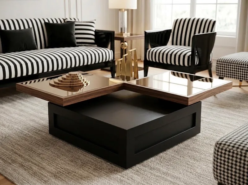 Luxury Multi-Tier Square Coffee Table with Walnut Slabs & Glass Mirror Top — Custom Sofa Prices Pakistan