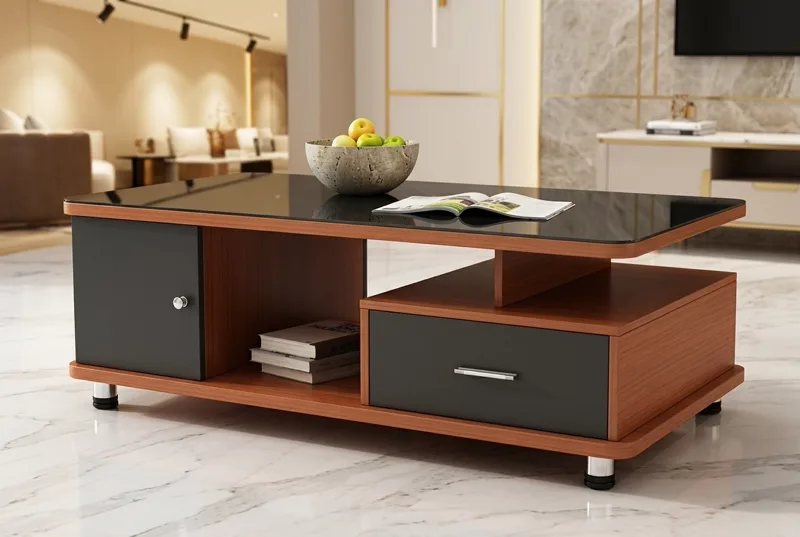 Dual-Tone Modern Coffee Table with Black Glass & Teak Finish — Custom Sofa Prices Pakistan