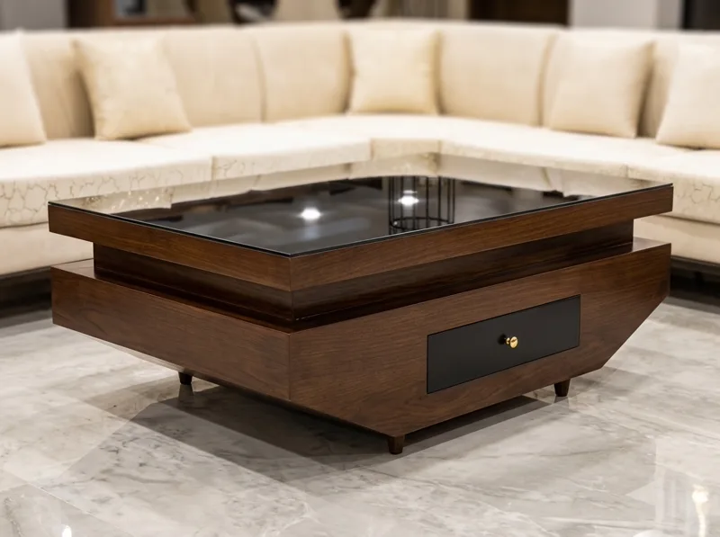 Faceted Geometric Walnut Center Table with Smoked Glass Top — Custom Sofa Prices Pakistan