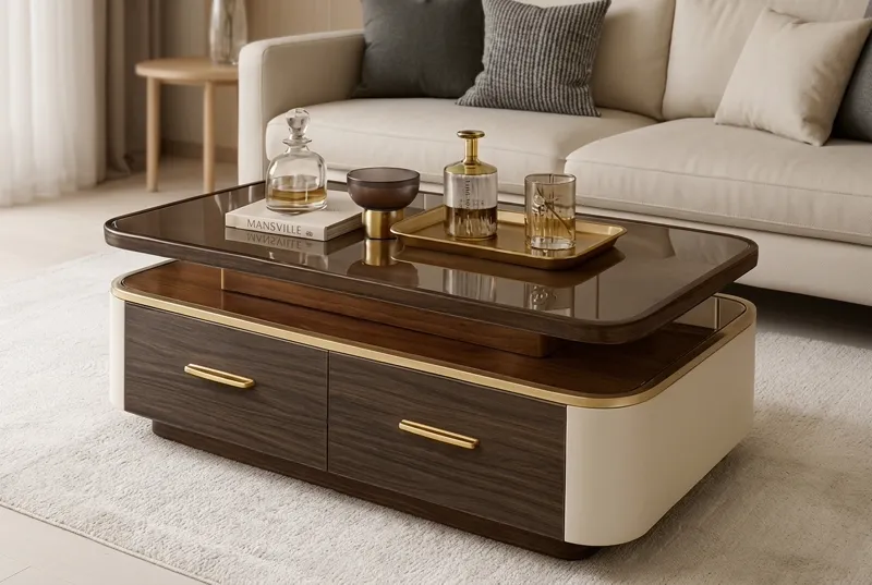 Floating Smoked Glass Coffee Table with Curved Cream Base & Gold Trim — Custom Sofa Prices Pakistan