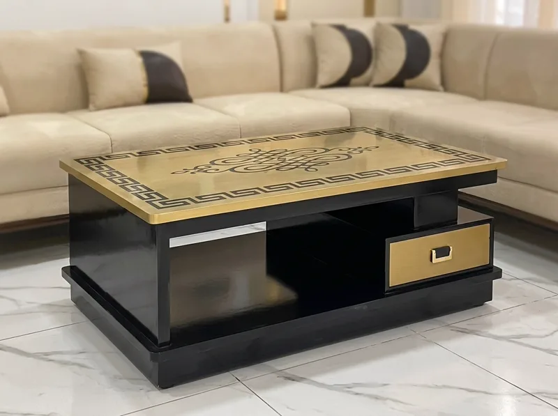 Greek-Key Black & Gold Luxury Center Table with Glass Top — Custom Sofa Prices Pakistan